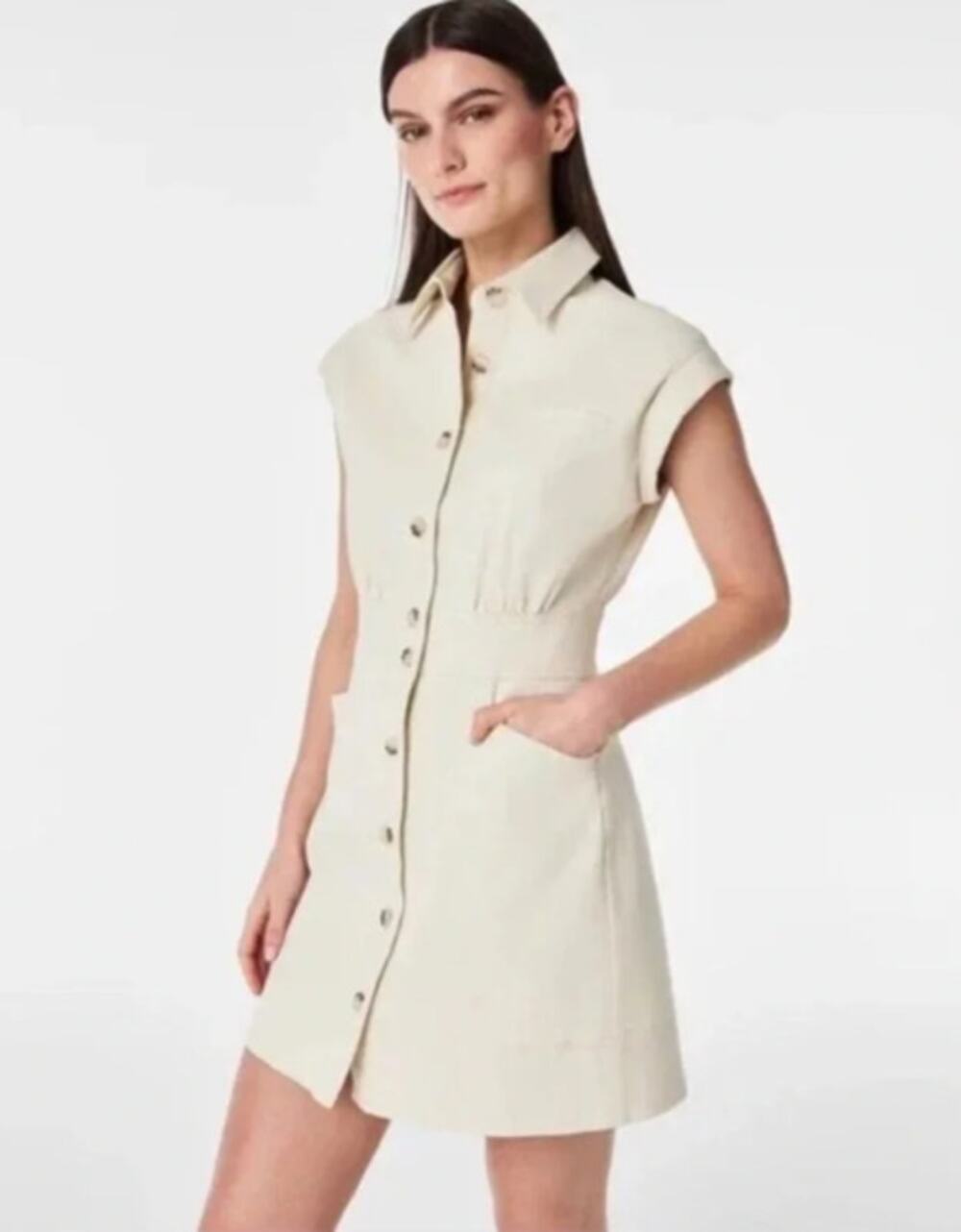 Spanx Button Front Stretch Twill Utility Dress in Eggshell Size Large